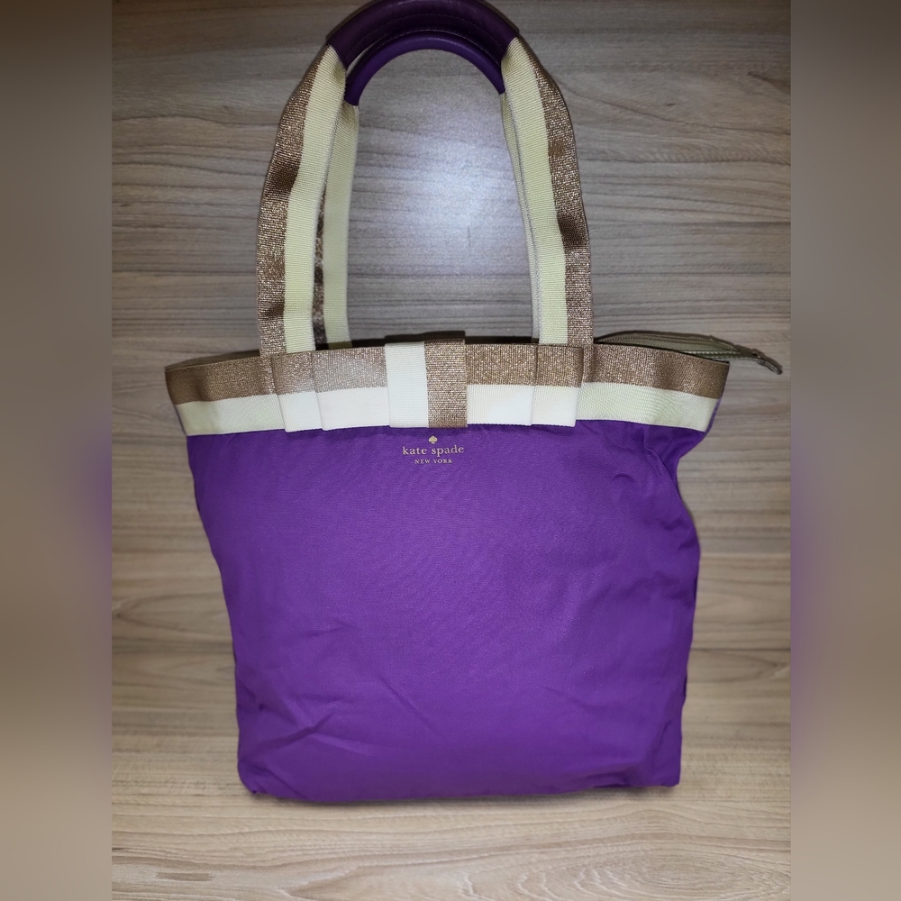 Kate Spade Barrow Street Bon Shopper Purple, Gold & Ivory Nylon Tote EUC